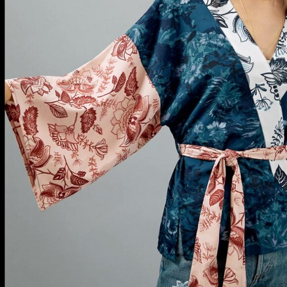 Anthropologie Floral Kimono Jacket in Blue and Pink One Size *No Belt - Picture 1 of 7